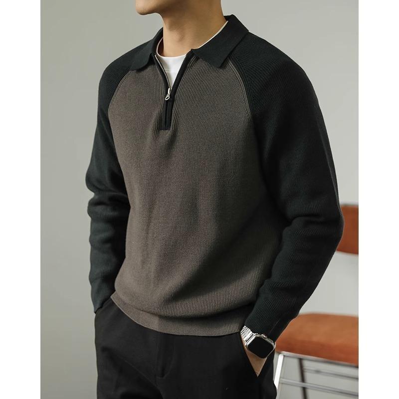 Men S Polo Collar Color Block Knit Sweater Half Zip Casual Spring Autumn