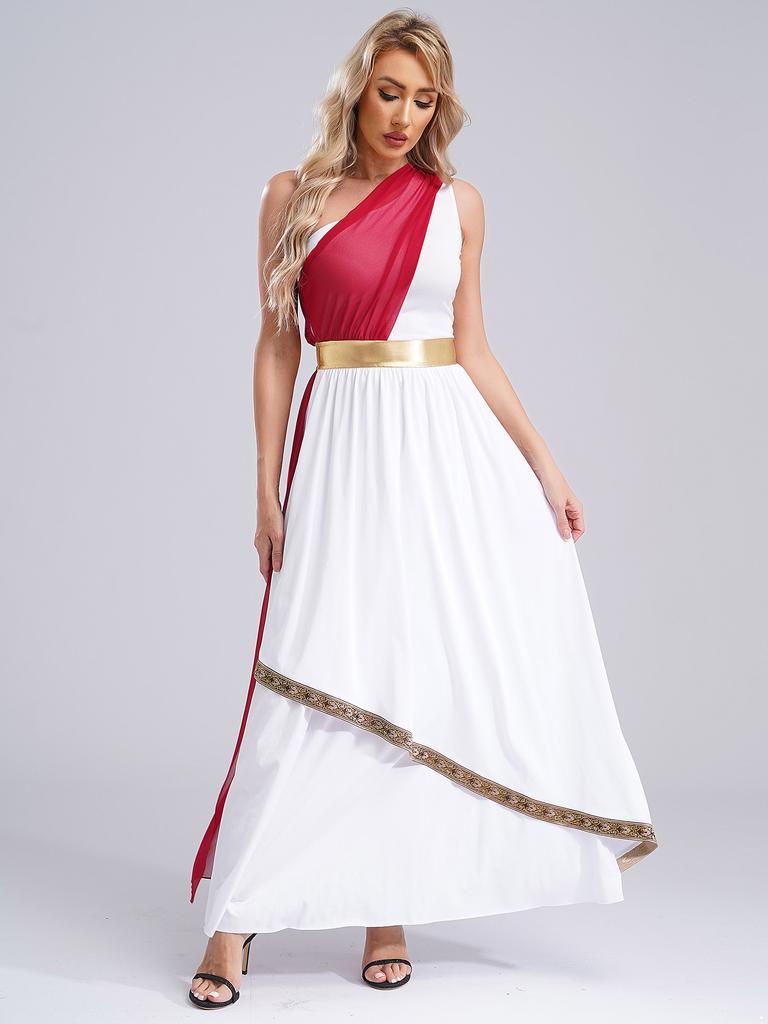 Damen Antikes griechisches Lob, Tanzbekleidung, Königin, Prinzessin, Cosplay-Robe, eine Schulter, Chiffon-Overlay, Vintage-Besatz, Tunika-Kleid