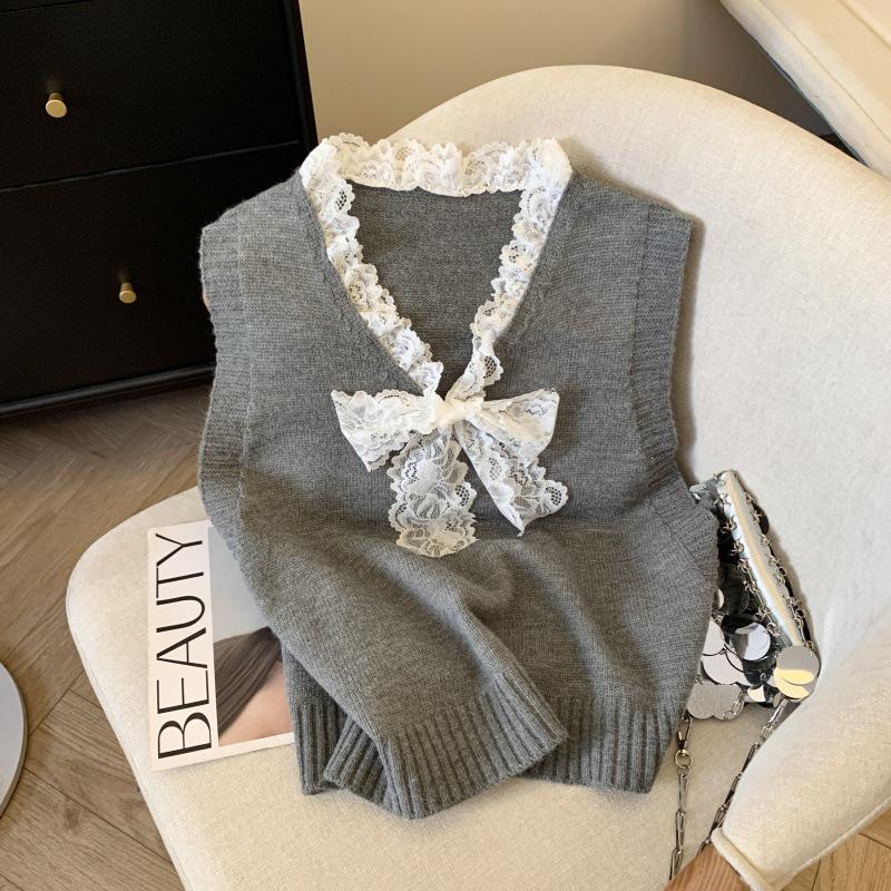 Women's Korean Style Slimming French Lace Bow Knit Pullover Vest - Spring 2026 Top
