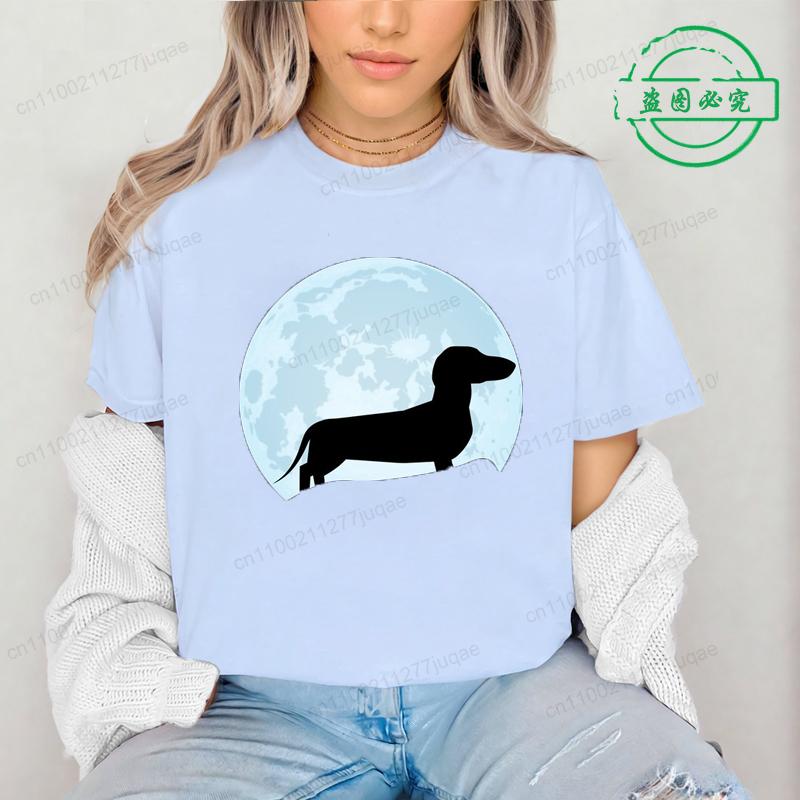 Moon Dachshund T Shirt for Men Women O-neck Short Sleeve Streetwear Wiener Dog Lover Graphic T Shirts Tee Tops Clothing Gift