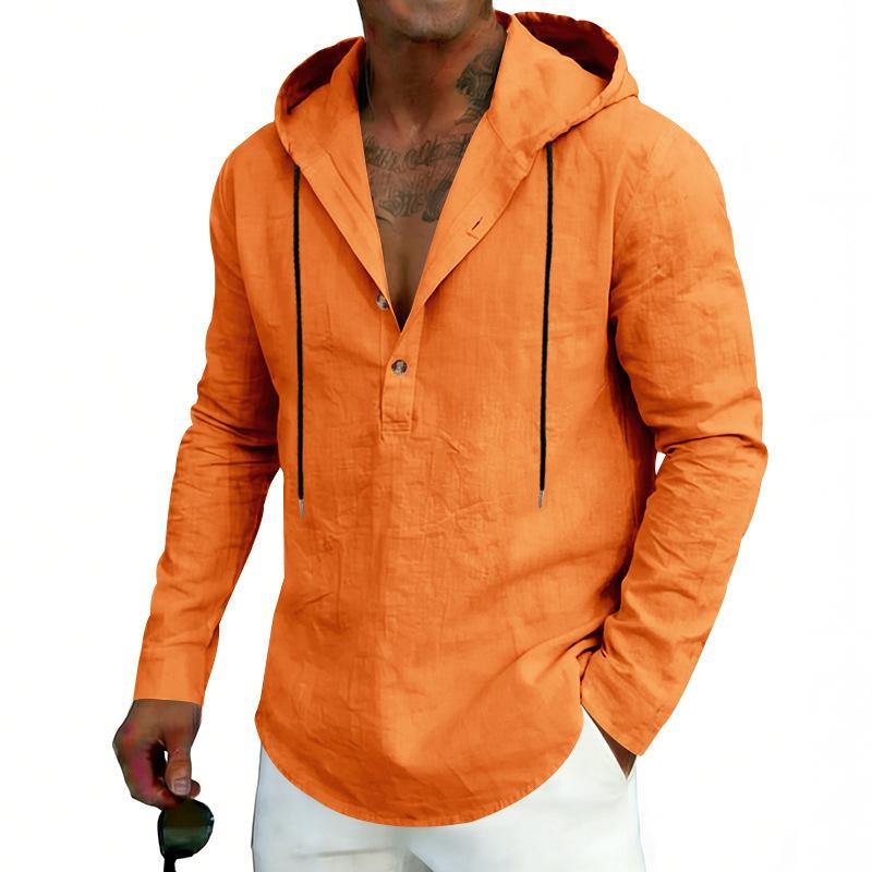 New Men’s Linen Plus-size Hooded Long-sleeved Top – Casual Plain-colour Hoodie