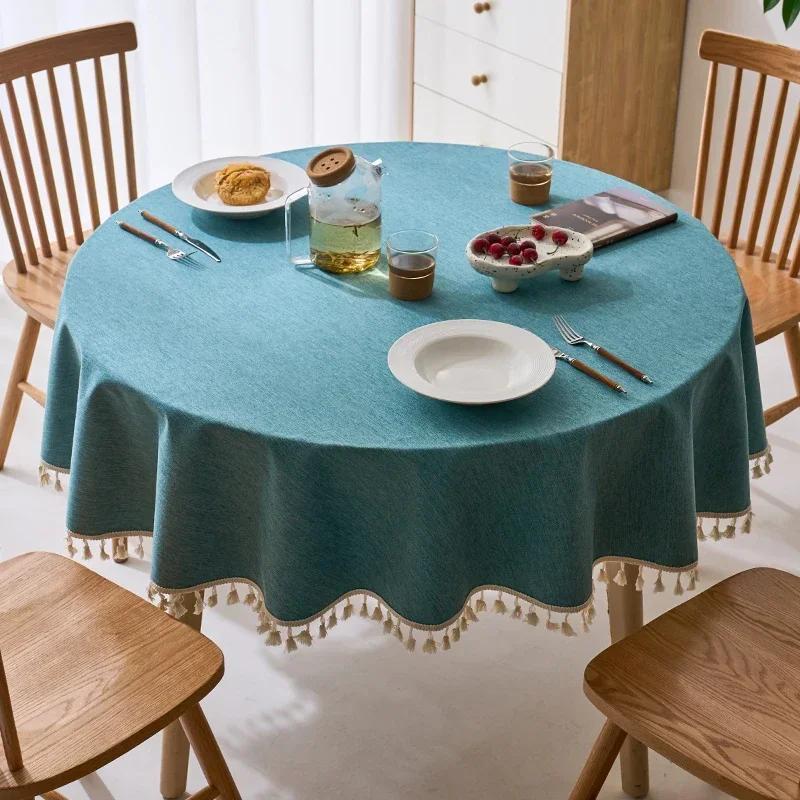 Tassels Tablecloth Waterproof Solid Color Table Cloth Round Cotton Linen Table Cover Dining Party Hotel Desk Case