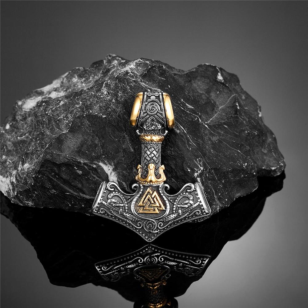 Vikings Crown Thor's Hammer Necklaces Men Stainless Steel Norse Mythology Runes Valknut Pendant Amulet Scandinavian Male Jewelry