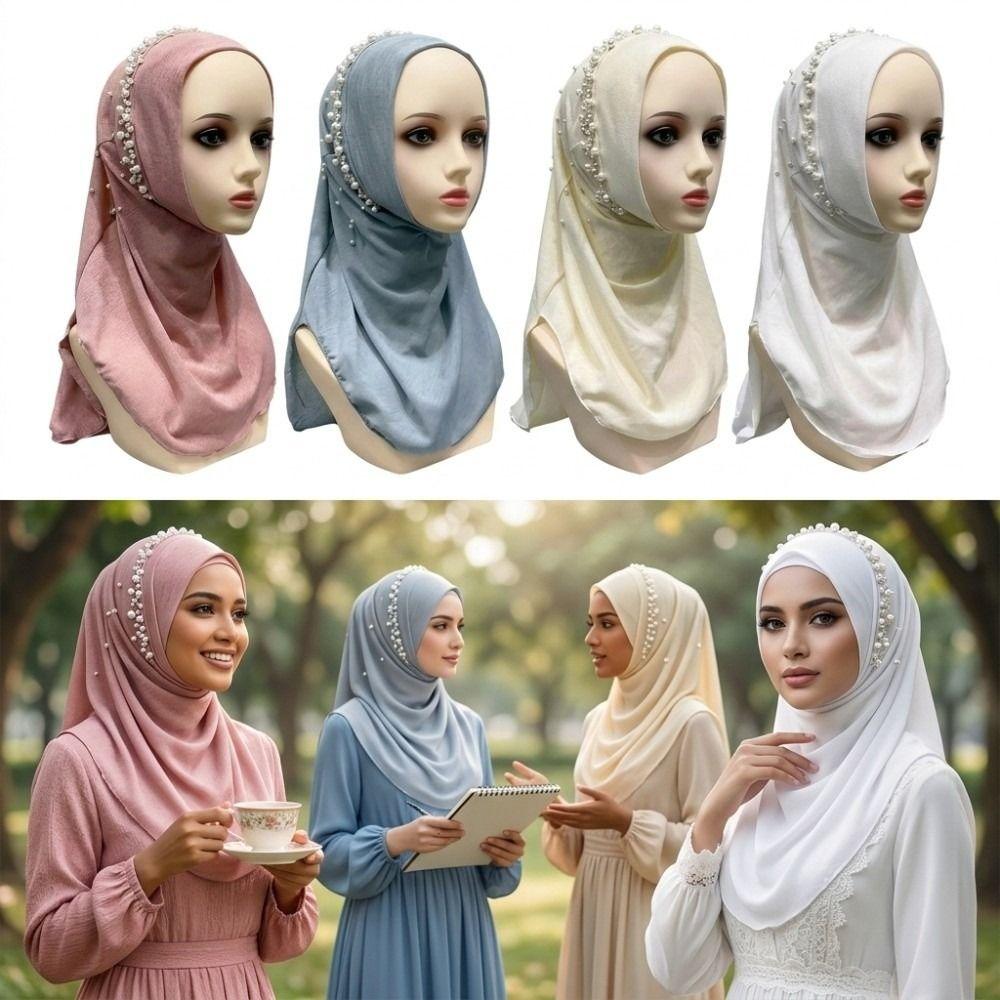 Pull On Beaded Hijab Scarf Elastic Fit Muslim Headscarf Women Turban Cap  Muslim Women