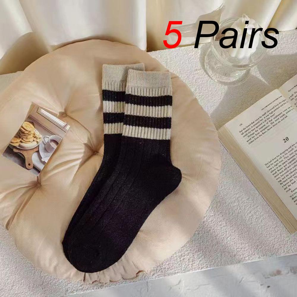 5 Pairs Women Parallel Bars Striped Mid Tube Socks Fashionable Autumn Winter Sweat Absorbing Warm Soft Comfortable Casual Socks