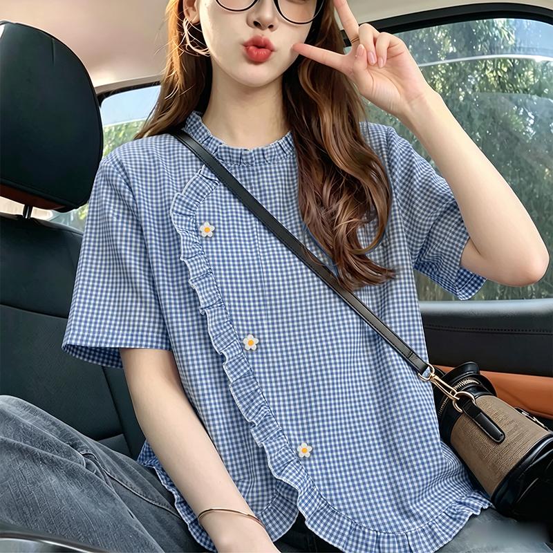 ZANZEA Women Casual Round Neck Plaid Print Loose Short Sleeve Blouse