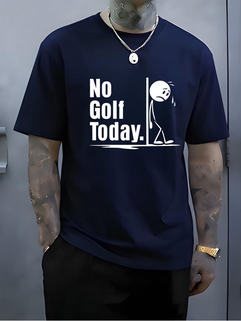 Unisex Navy Tee Sad Stick Figure No Golf Today Graphic Print Short Sleeve Loose Casual Top For Adult Male Daily Street Wear Out