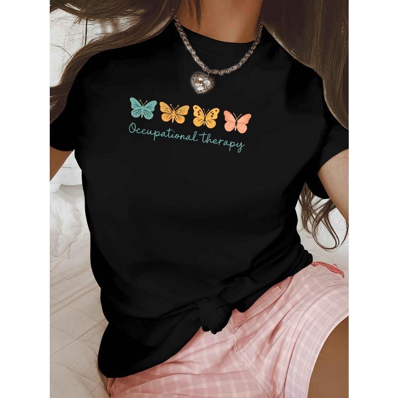 Women'S Casual Crew Neck T-Shirt with Alphabet Occupational Therapy Print, Cotton Knit Fabric, Short Sleeve, Regular Fit for Spring/Summer