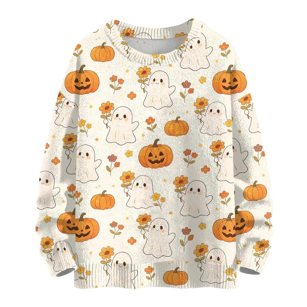 Women's Casual Long Sleeve Halloween Print Round Neck Knit Sweater Top
