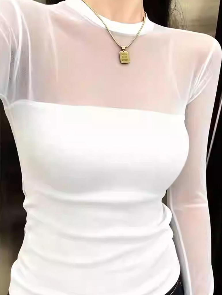 Womens Long Sleeve Basic T Shirt With Sheer Panel And High Neck For Casual Wear