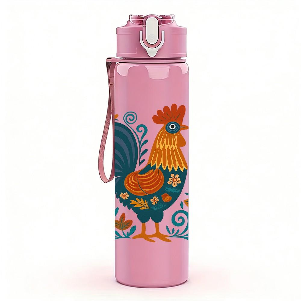 1PC Rooster Floral Farm 750ml Color Plastic Sports Water Bottle Leakproof Flip Straw Lid Suitable for Sports Office Home Use