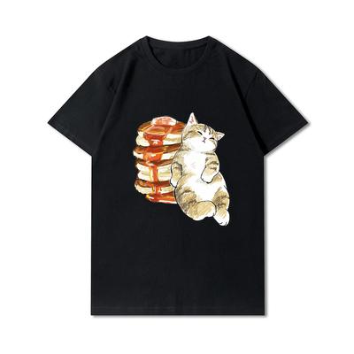 Plus Size Cats Shark Printed Women T Shirts Round Neck Cotton Tops Summer Animal Y2K Fashion Casual Oversize Black Tees