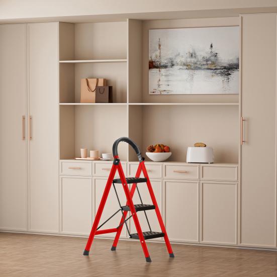 Vertical Ladder Step Ladder, 3 Folding Stool, Multi-Purpose Collapsible for Three Home or RV Outdoor Work, Heavy Duty 330 lbs Load (White, Red)