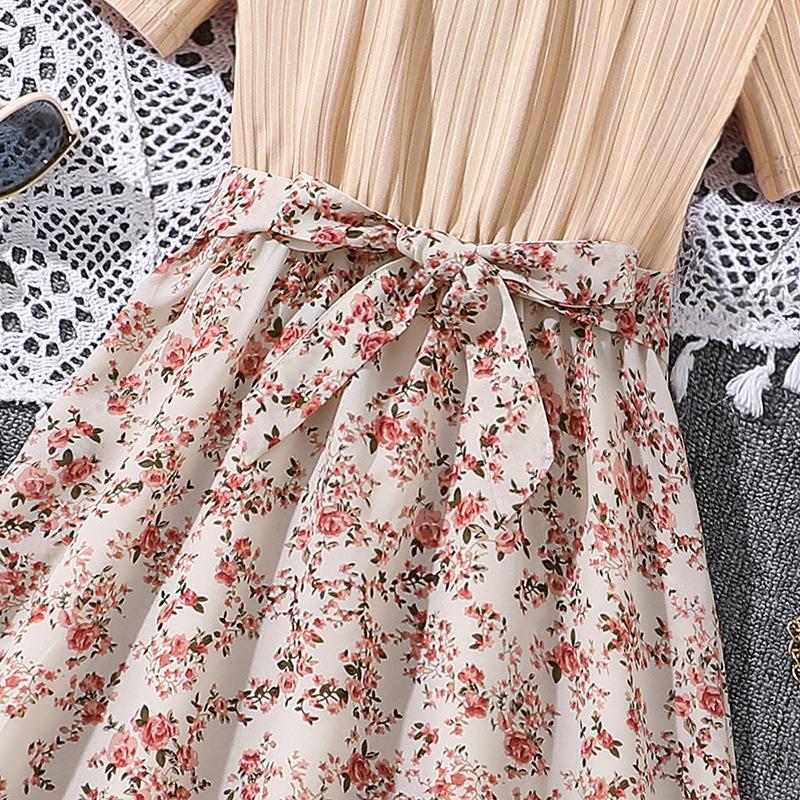 Girls Fashion Dress Summer Children Short Sleeve Patchwork Sweet Floral Dress