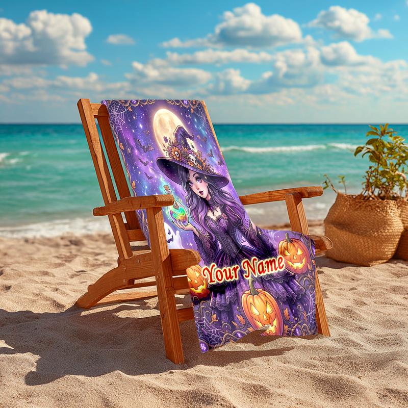 1PC Custom Name Halloween Magic Night Beach Towel Highly Absorbent And Sand-Resistant Towel for Swimming, Pool, Yoga, And Travel Lightweight