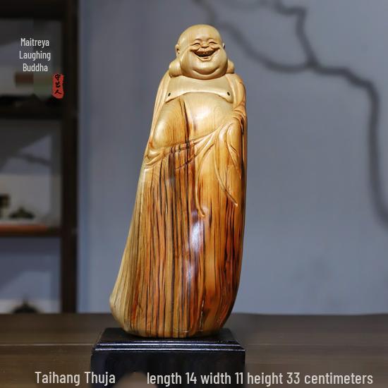 Intaglio Radice di Legno di Cipresso di Scogliera: Ornamento Daruma Maitreya Buddha in Legno Massello in Zafferano Dorato e Legno di Rosa Nanmu.