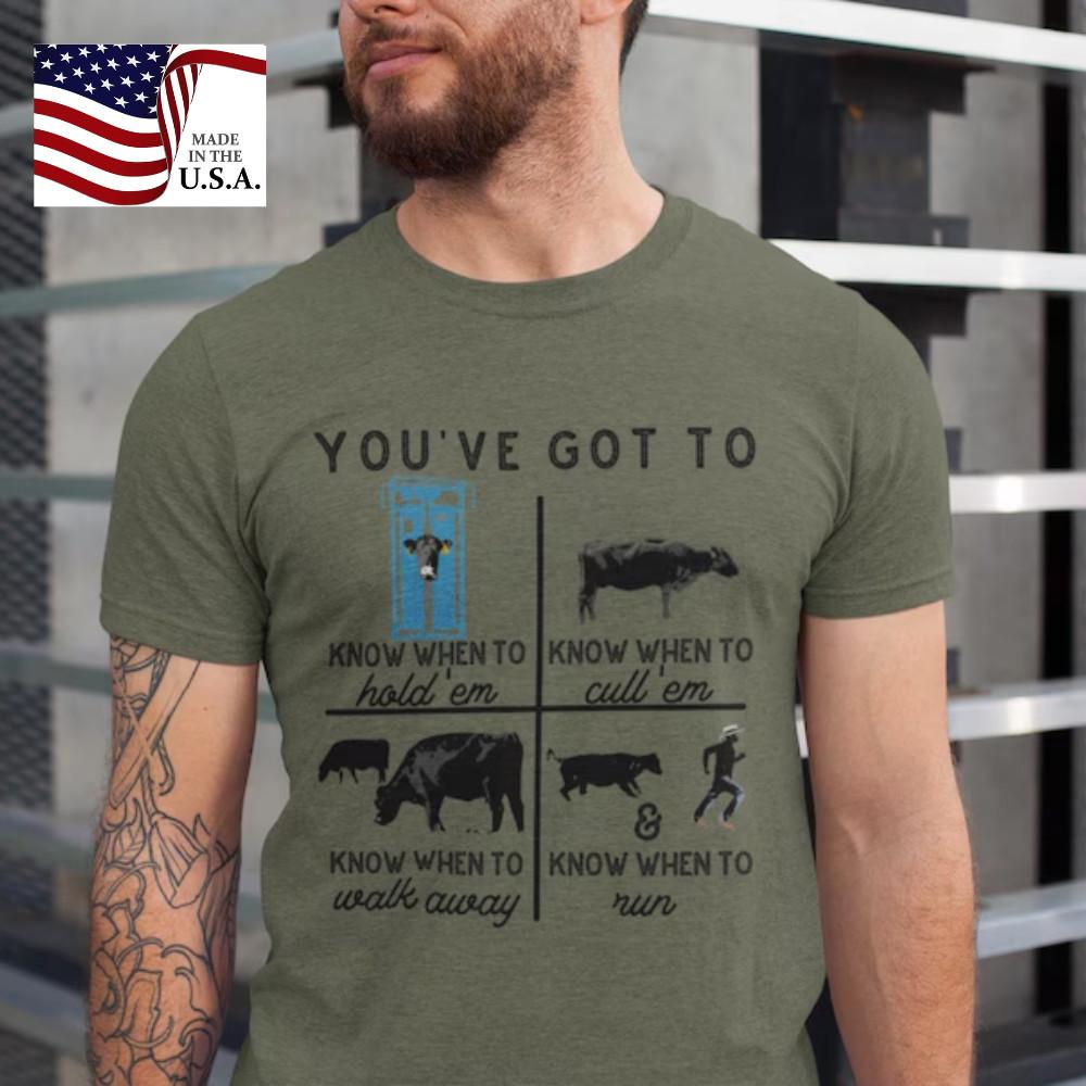 

Funny Rancher Graphic Tee Know When to Hold Em Cow Shirt Unisex T-Shirt XXXL