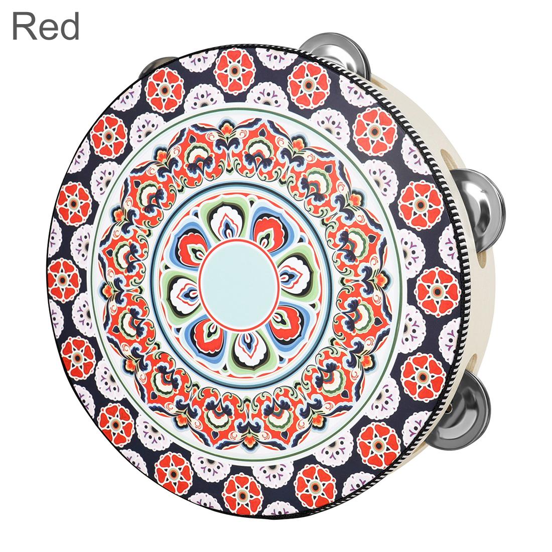 

Wooden 8 Inch Single Row Jingles Flowers Pattern Tambourine Party KTV Church Music Show Handbell Hand Drum червоний