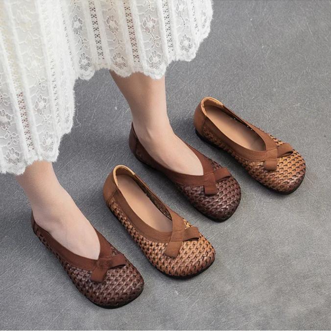 Johnature Flache Vielseitige Ausgehöhlte Atmungsaktive Sandalen Echtes Leder Bequeme Damen Slipper