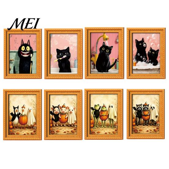 Fall Seasonal Kitchen Decor Wooden Black Cat Fridge Magnet, Cartoon Bathroom Decor, Autumn Home Decorations Cute Theme Photo Frame Magnets,