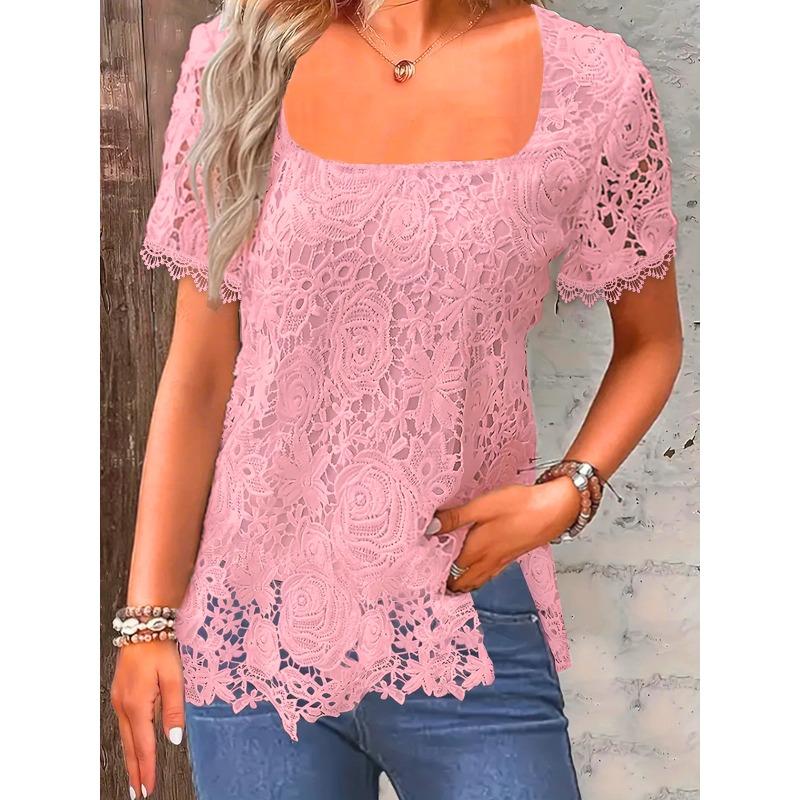 JPNTKY Women's Fashion Casual Solid Color Print Short Sleeve Square Collar Blouses & Shirts