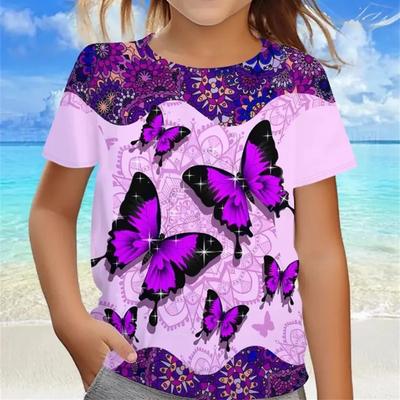 T-shirt mignon à manches courtes avec papillon et imprimé dessin animé pour filles et enfants, doux et confortable