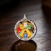 3.5" Silver Conch Shell Copper Thangka Pendant with Green Zhaki Wolf King Design