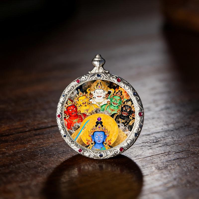 3.5" Silver Conch Shell Copper Thangka Pendant with Green Zhaki Wolf King Design