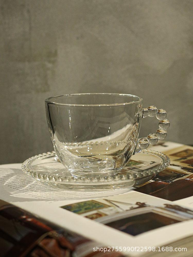 Mittelalterlicher Stil Transparenter Glasperlengriff Glasbecher Methode Kaffeetasse Untertasse Milchbecher Wasserbecher Mädchenherz Schlicht