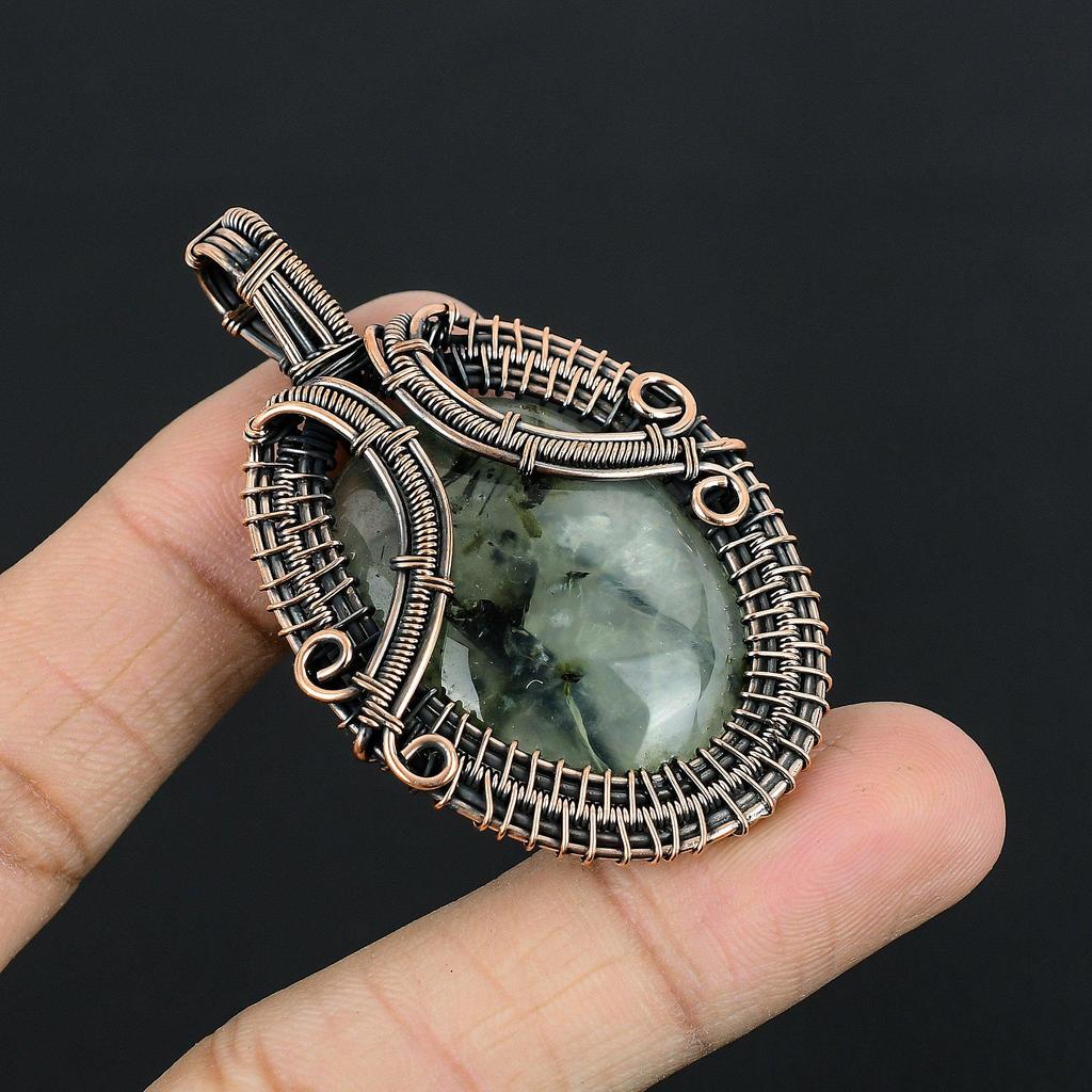 Prehnit Schmuck, 999 Kupferdraht gewickelter Anhänger Handgefertigter Edelsteinschmuck, Geschenke für Ehefrau Brandneuer Anhänger