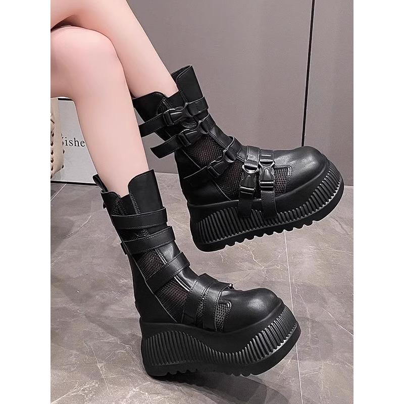 8.5CM  Air Mesh Women Chunky Sneakers Hollow Ankle Booties High Brand Platform Wedge Flats Fashion Causal Shoes