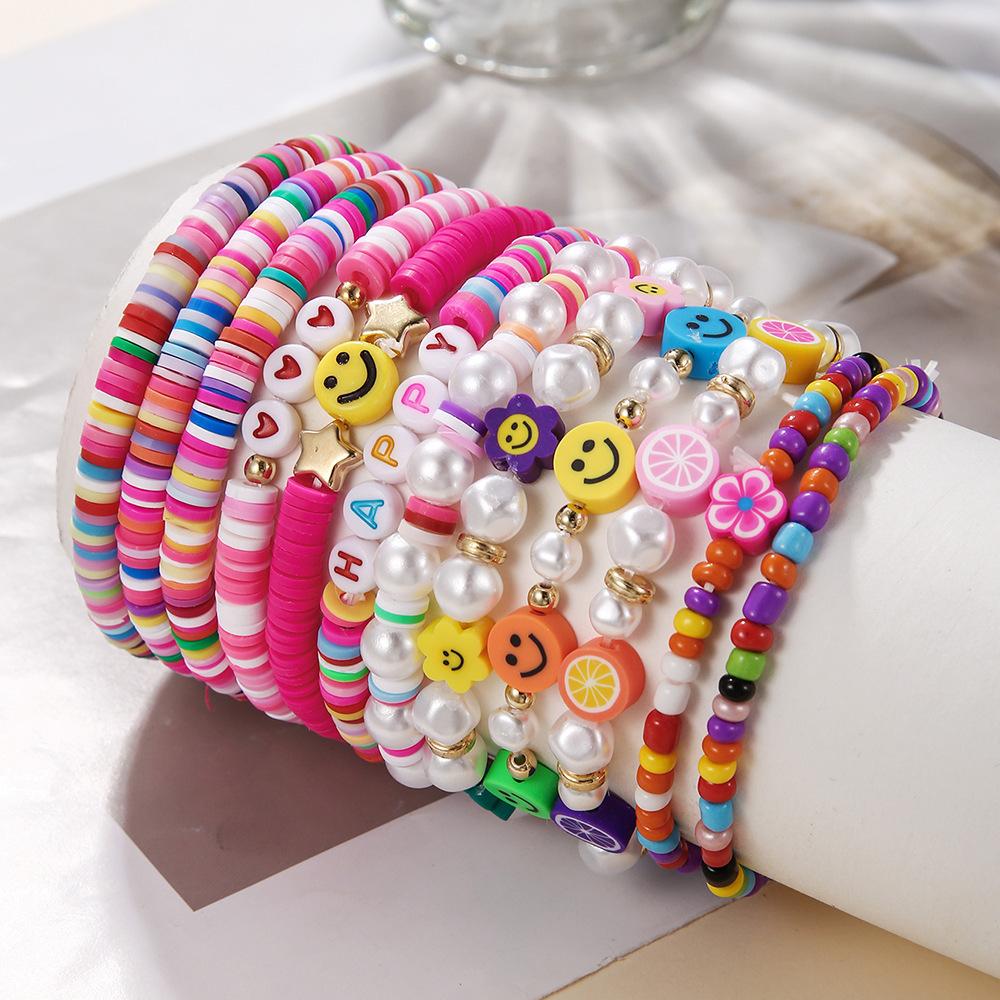 Popular Multi-layer Stacked Bracelet Set, Bohemian Color Soft Pottery Flower Bracelet