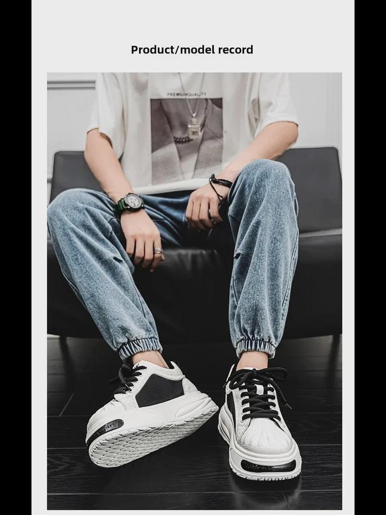 Schwarze Shell Toe Sneakers aus Leder für Herren – Dicke Sohle, trendige Herbst-Sportschuhe