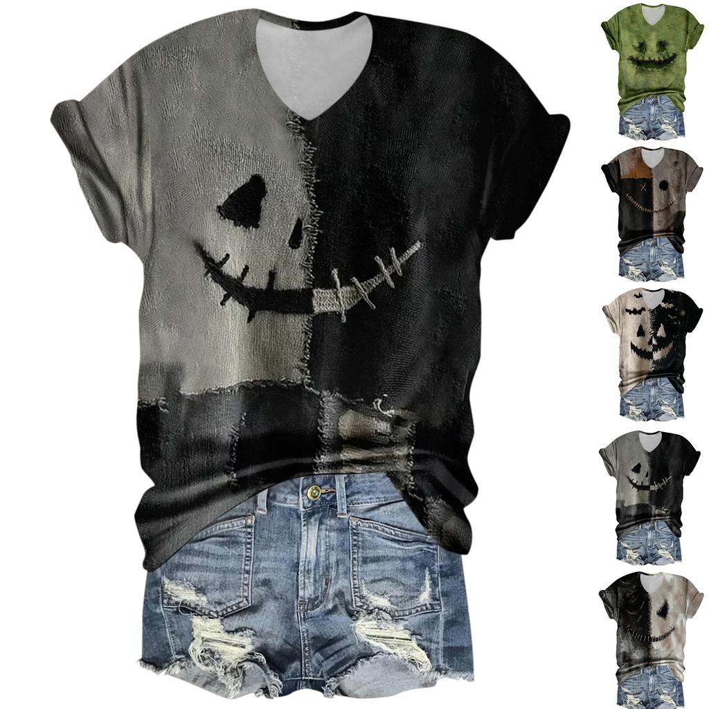 Women's Fashion Casual Three-quarter Sleeve Halloween Letters,  Face Print Top
