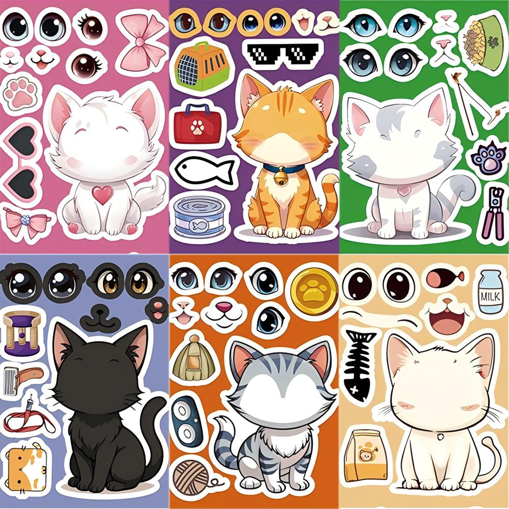 8/16sheets Kawaii Cat Cartoon Puzzle Stickers Make a Face DIY Funny Creative Assemble Jigsaw Decals Theme Party Decoration Toys