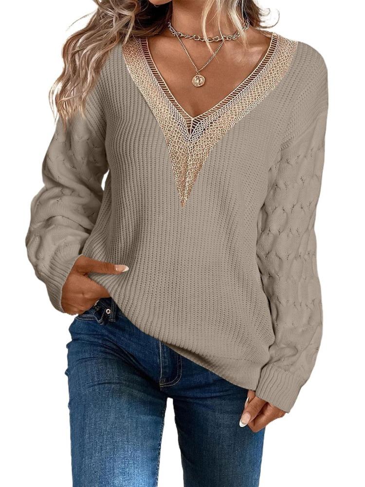 Autumn Winter Fashionable Sensual Lace V Neck Knit Drop Shoulder Pullover Sweater Top Luxurious Relaxed-fit Slimming and Versatile Top
