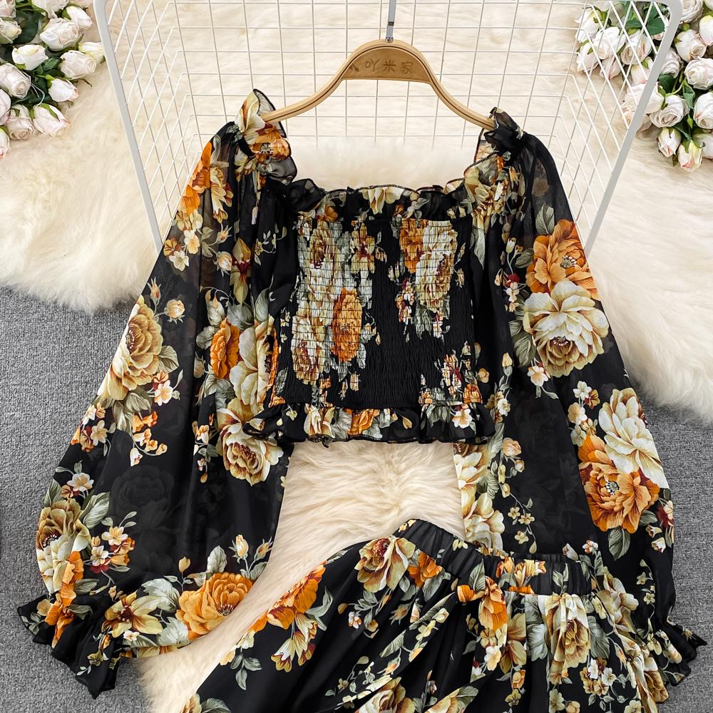 Fashion Set Women's  Long Sleeve Square Neck Slim Fit Chiffon Shirt 2 Two Pieces Suits Sets High Waist Slim Wide L