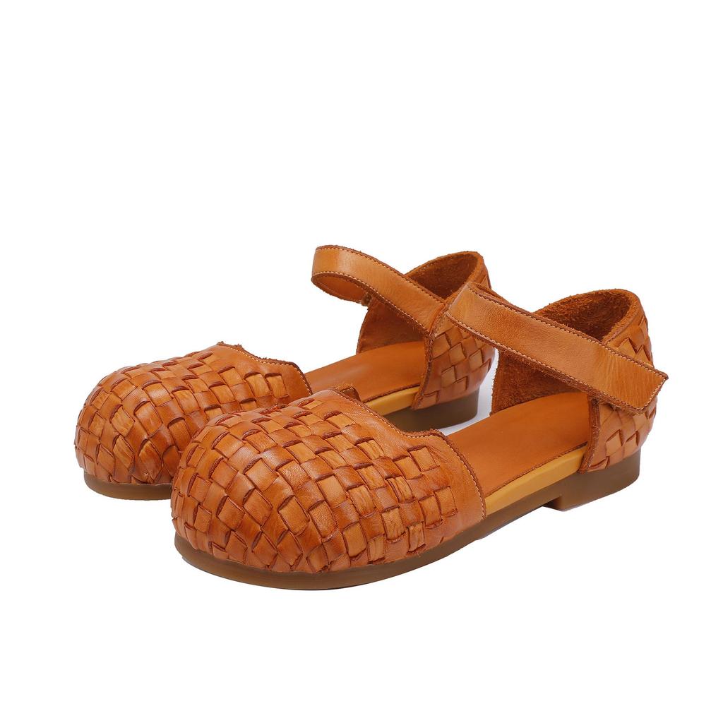 Johnature Women's Sandals Retro Versatile Round Toe Genuine Leather Woven Comfortable Flat Shoes