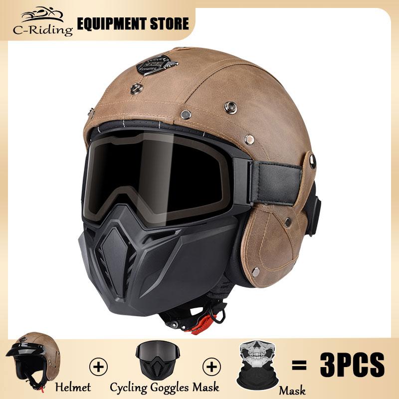 Vintage Brown Leather Helmet Summer Cruise Motorcycle Jet Helmet Men and Women Motorbike Riding Half Helmets Cascos Para Motos