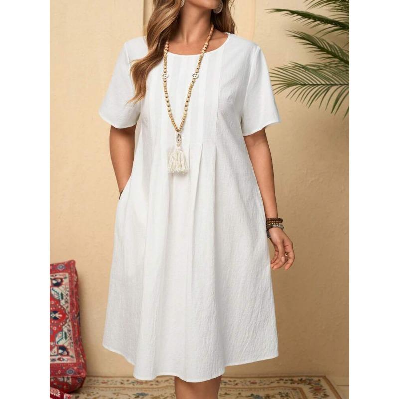 

DAFIFY Женская мода лето весна однотонный принт с коротким рукавом и круглым вырезом свободная талия повседневные платья S белый