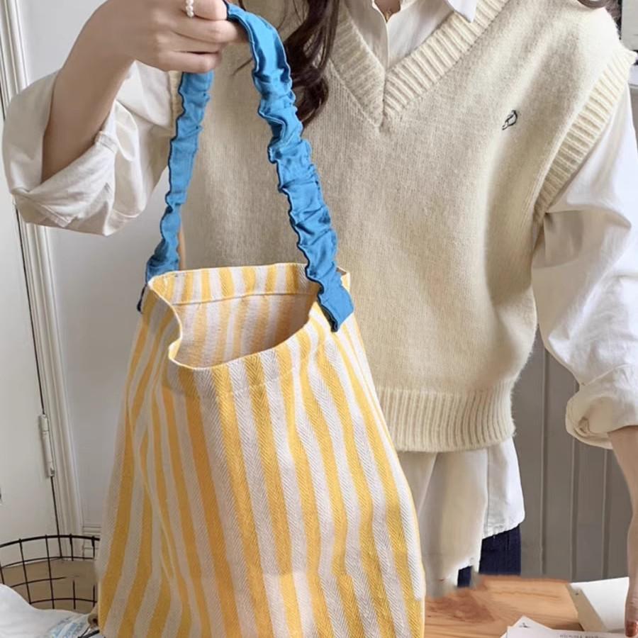 Summer Small Fresh Shoulder Canvas Bag New Contrasting Stripes Large Capacity Pleated Shoulder Strap Tote Bag