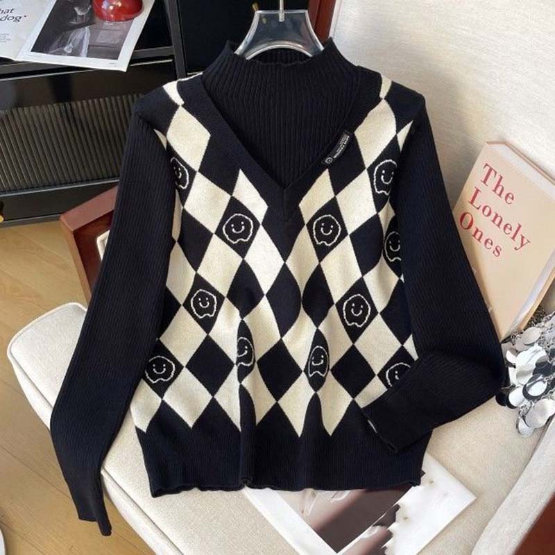 Sweater for Women Autumn Winter Fleece-Lined Faux Two-Piece Knit Top Thickened Warm Knitted Stretchy Long Sleeve Oversize Long-neck Tops