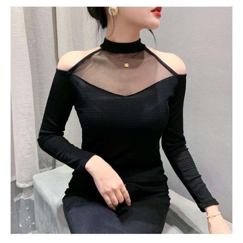 Spring Autumn New Style Creative Stitching Hollow Mesh Off-shoulder Slim Long-sleeved Women's Bottoming Shirt Trendy