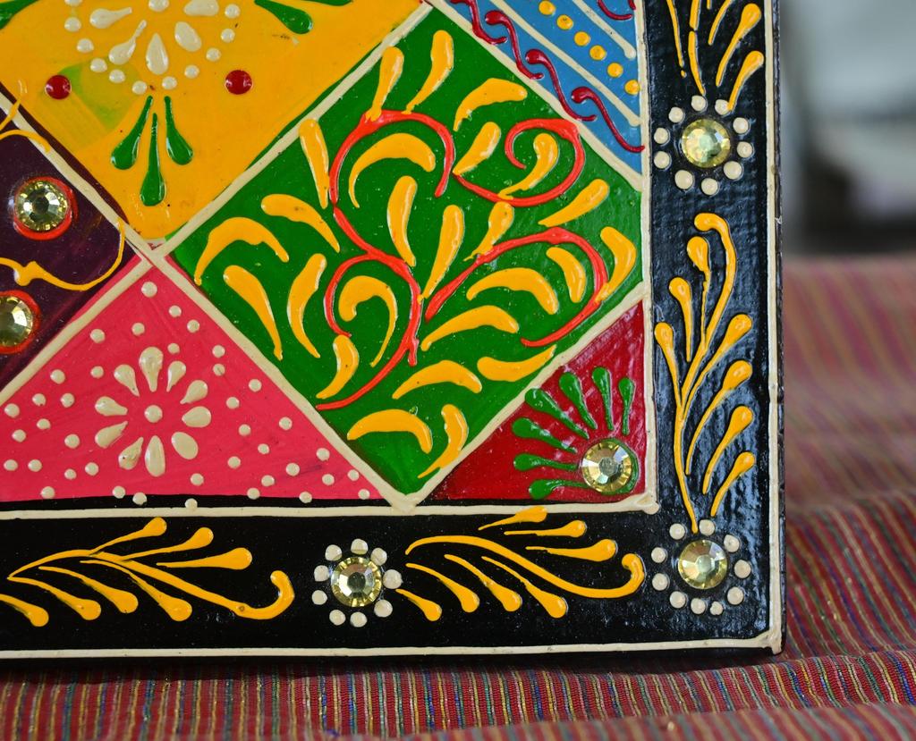 Hand-Painted Indian Folk Art Panel: Boho Wall Decor with Mirror