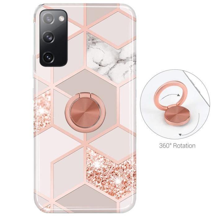 Coque Silicone - BOOLING - pour Samsung Galaxy S20 FE - Antichoc - Marbre Rose - Anneau Support