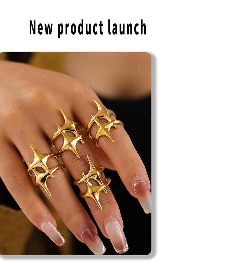 18K Gold-Plated Geometric Star Cross Open Ring - Titanium Steel Jewelry
