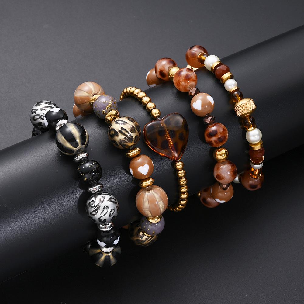 Hot Sale Amber Leopard Print Bead Stretch Bracelet Stainless Steel Waterproof Non-Fading Bracelet