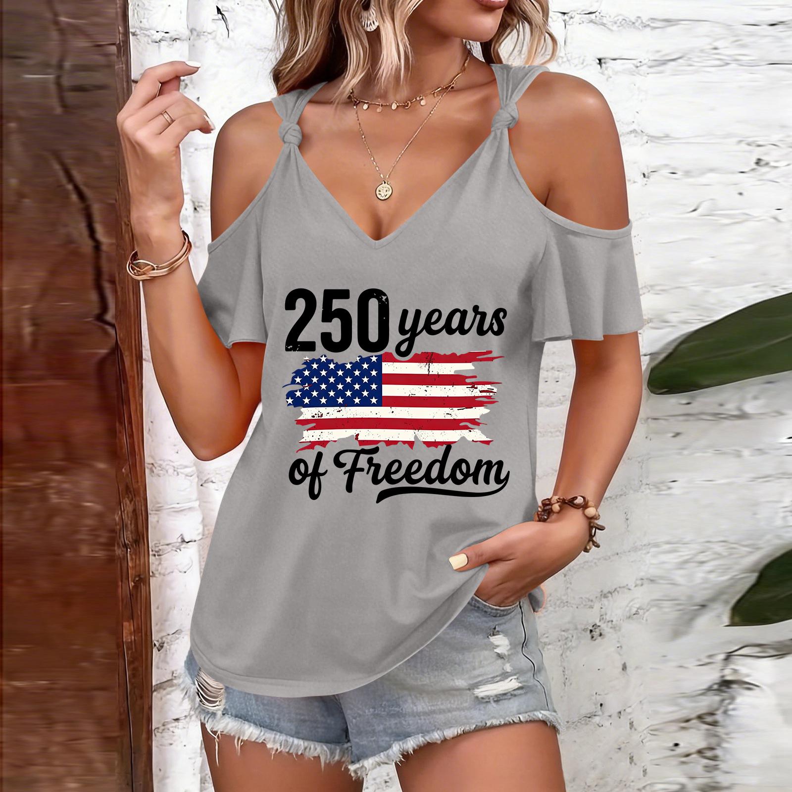 Women s Casual Fashion Independence Day Printed Strappy Neck Off-Shoulder Short-Sleeve T-Shirt M