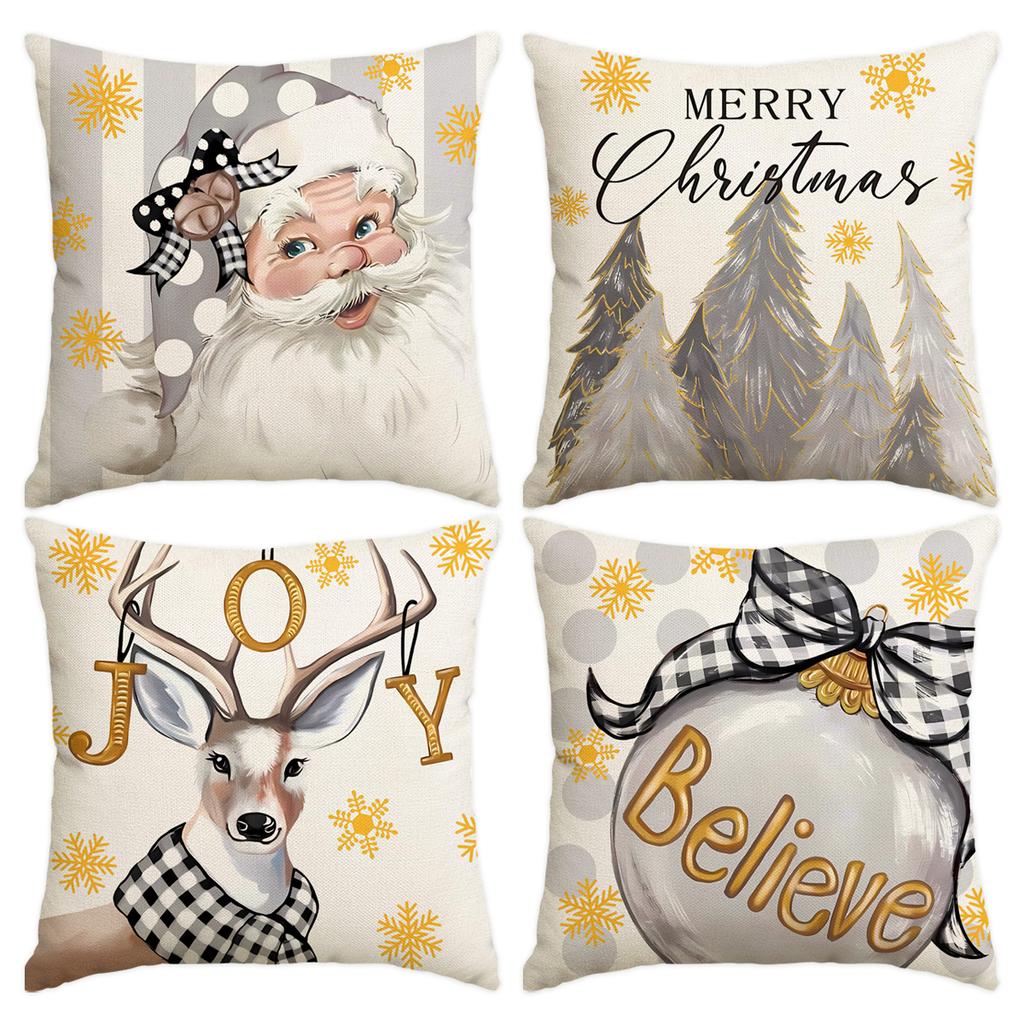 1 \ 4pcs gray Christmas snowman, Christmas reindeer print pillow cover, home sofa decoration cushion cover (without pillow core)
