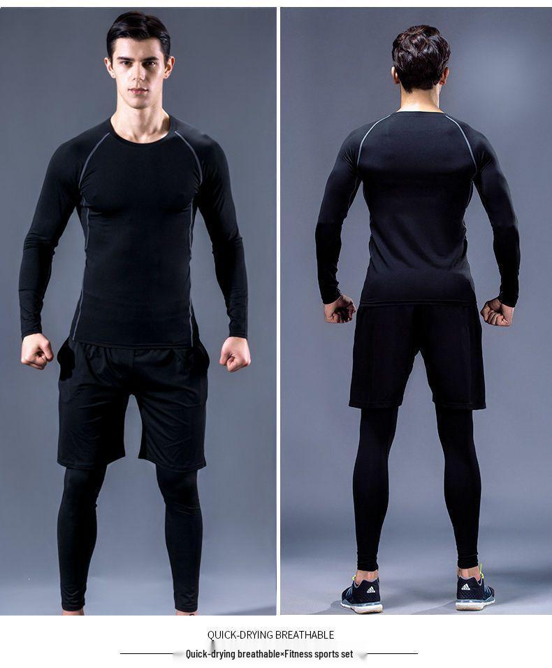 Pánské rychleschnoucí sportovní oblečení z ledového hedvábí s těsným střihem: Set s krátkým rukávem a pětibodovými kalhotami na letní fitness a běh